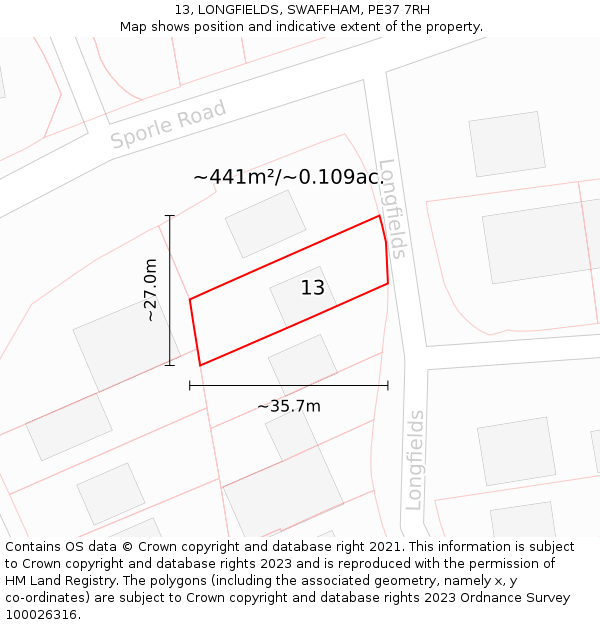 13, LONGFIELDS, SWAFFHAM, PE37 7RH: Plot and title map