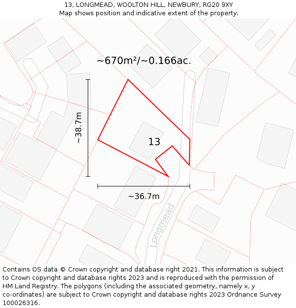 13, LONGMEAD, WOOLTON HILL, NEWBURY, RG20 9XY: Plot and title map