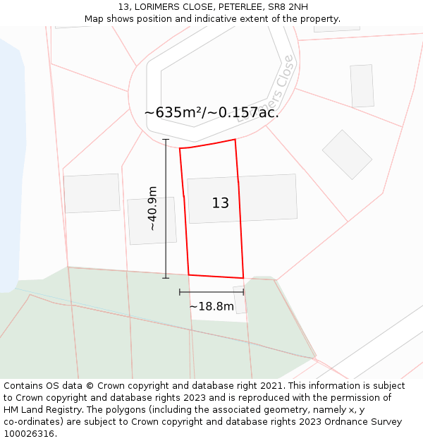 13, LORIMERS CLOSE, PETERLEE, SR8 2NH: Plot and title map