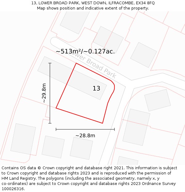 13, LOWER BROAD PARK, WEST DOWN, ILFRACOMBE, EX34 8FQ: Plot and title map