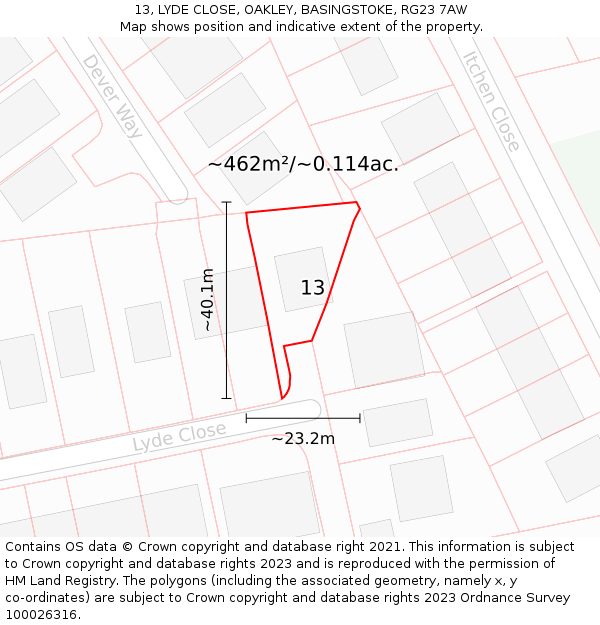 13, LYDE CLOSE, OAKLEY, BASINGSTOKE, RG23 7AW: Plot and title map