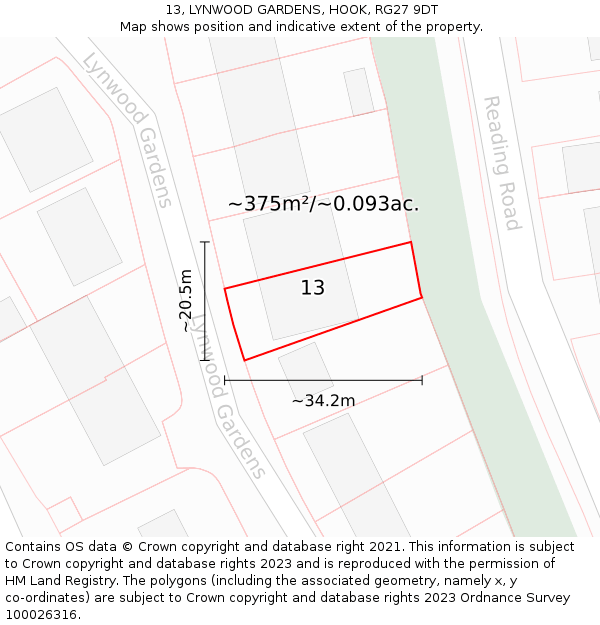 13, LYNWOOD GARDENS, HOOK, RG27 9DT: Plot and title map