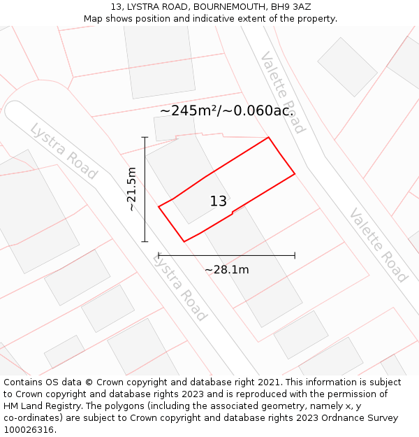 13, LYSTRA ROAD, BOURNEMOUTH, BH9 3AZ: Plot and title map