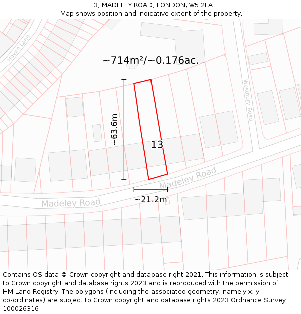 13, MADELEY ROAD, LONDON, W5 2LA: Plot and title map