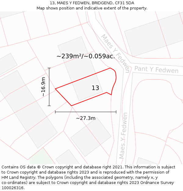 13, MAES Y FEDWEN, BRIDGEND, CF31 5DA: Plot and title map