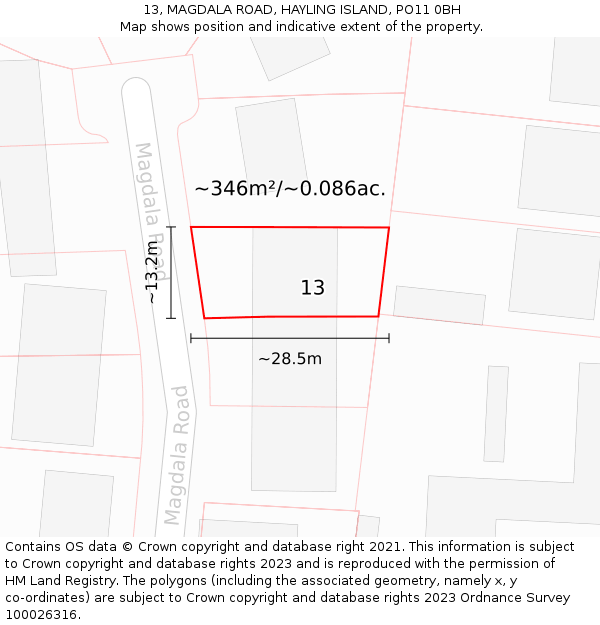 13, MAGDALA ROAD, HAYLING ISLAND, PO11 0BH: Plot and title map