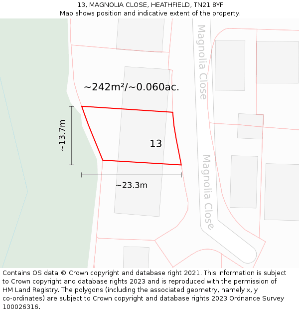 13, MAGNOLIA CLOSE, HEATHFIELD, TN21 8YF: Plot and title map