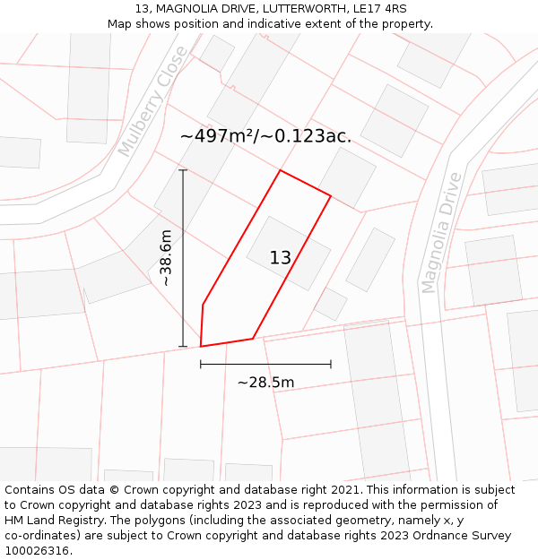 13, MAGNOLIA DRIVE, LUTTERWORTH, LE17 4RS: Plot and title map