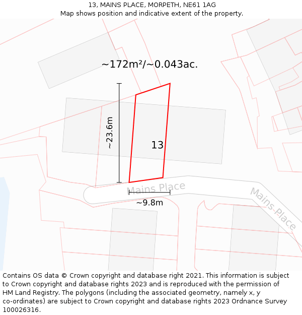 13, MAINS PLACE, MORPETH, NE61 1AG: Plot and title map