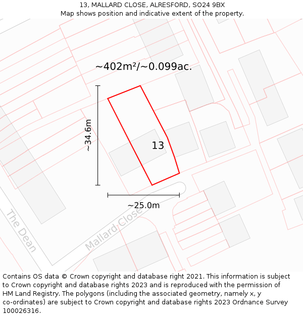 13, MALLARD CLOSE, ALRESFORD, SO24 9BX: Plot and title map