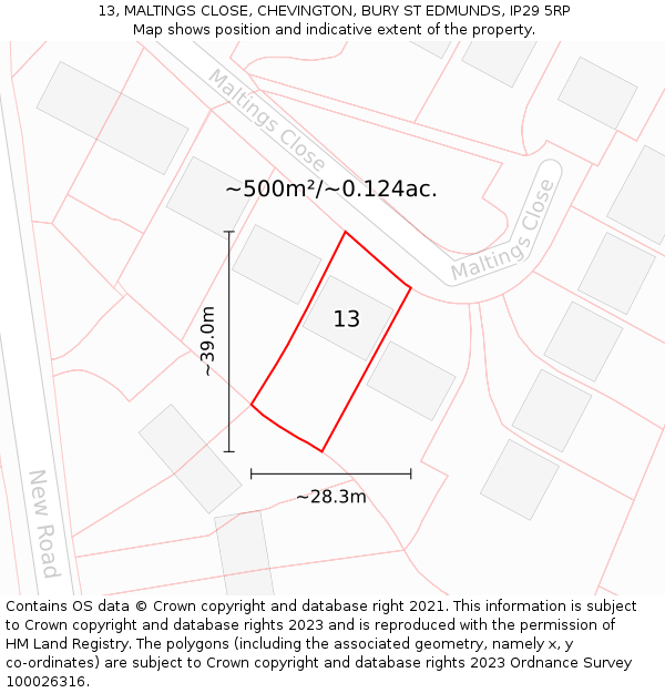 13, MALTINGS CLOSE, CHEVINGTON, BURY ST EDMUNDS, IP29 5RP: Plot and title map