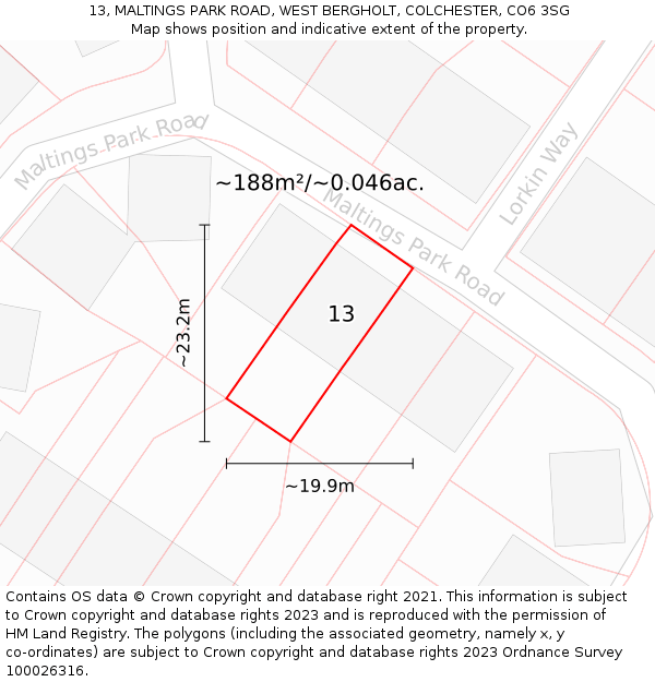 13, MALTINGS PARK ROAD, WEST BERGHOLT, COLCHESTER, CO6 3SG: Plot and title map