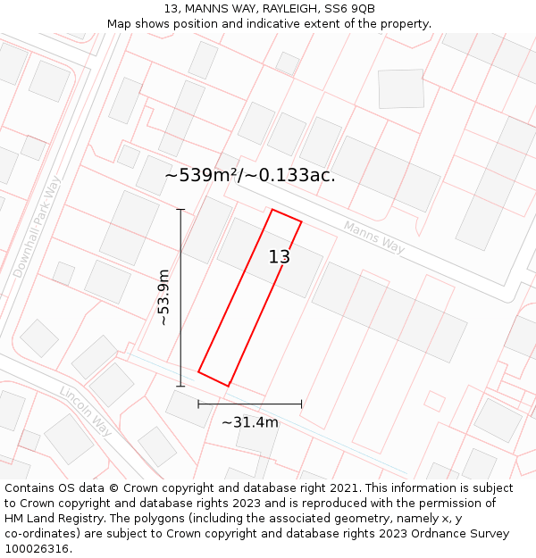 13, MANNS WAY, RAYLEIGH, SS6 9QB: Plot and title map