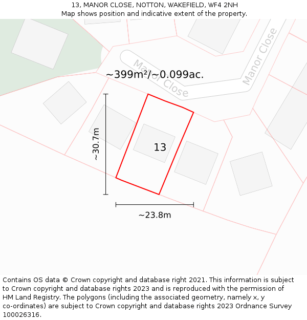 13, MANOR CLOSE, NOTTON, WAKEFIELD, WF4 2NH: Plot and title map