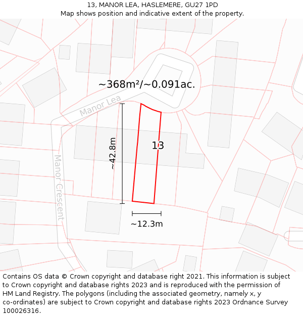 13, MANOR LEA, HASLEMERE, GU27 1PD: Plot and title map