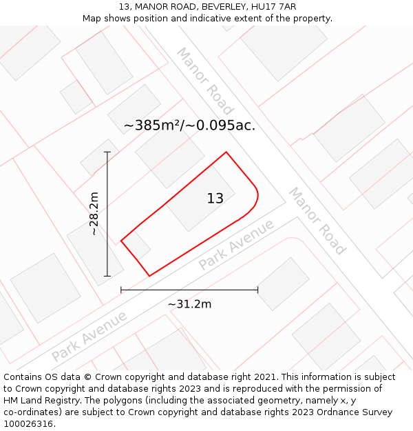 13, MANOR ROAD, BEVERLEY, HU17 7AR: Plot and title map