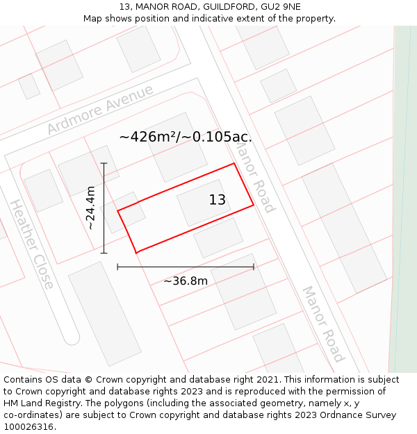13, MANOR ROAD, GUILDFORD, GU2 9NE: Plot and title map