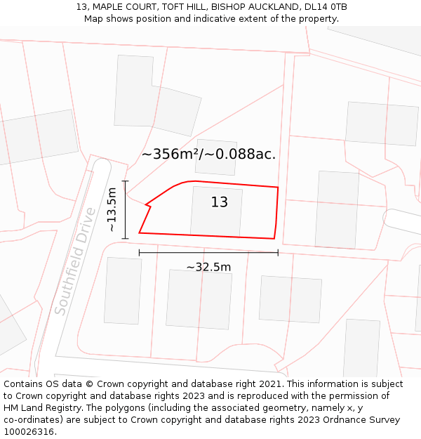 13, MAPLE COURT, TOFT HILL, BISHOP AUCKLAND, DL14 0TB: Plot and title map