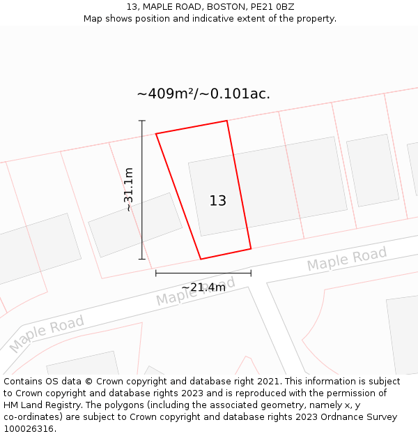 13, MAPLE ROAD, BOSTON, PE21 0BZ: Plot and title map