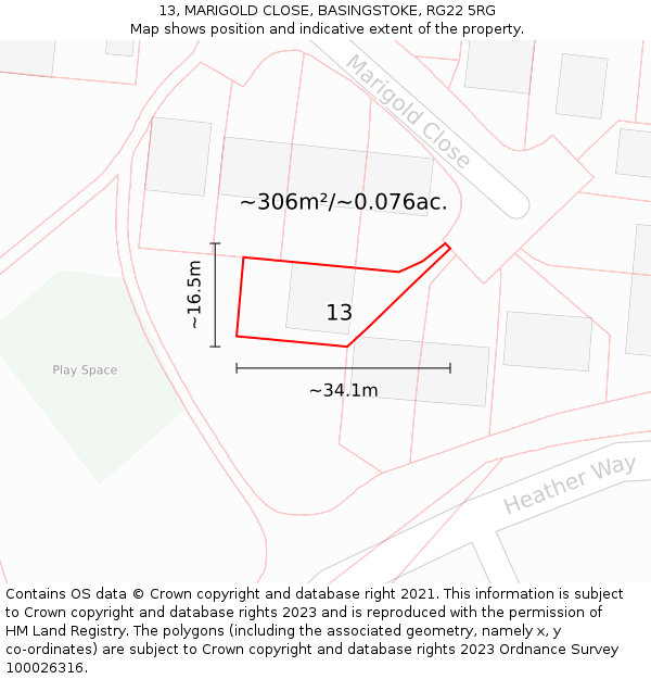 13, MARIGOLD CLOSE, BASINGSTOKE, RG22 5RG: Plot and title map