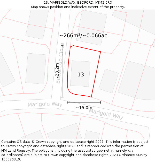 13, MARIGOLD WAY, BEDFORD, MK42 0RQ: Plot and title map