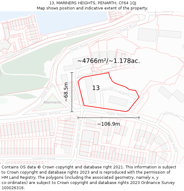 13, MARINERS HEIGHTS, PENARTH, CF64 1QJ: Plot and title map