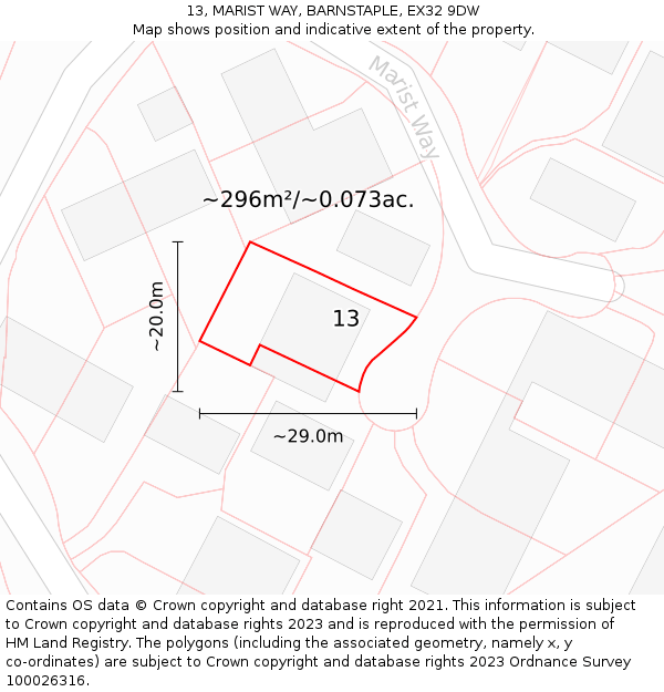 13, MARIST WAY, BARNSTAPLE, EX32 9DW: Plot and title map