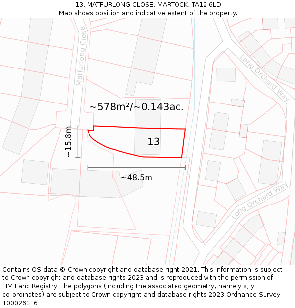 13, MATFURLONG CLOSE, MARTOCK, TA12 6LD: Plot and title map