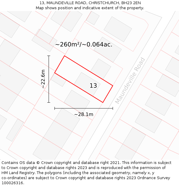 13, MAUNDEVILLE ROAD, CHRISTCHURCH, BH23 2EN: Plot and title map