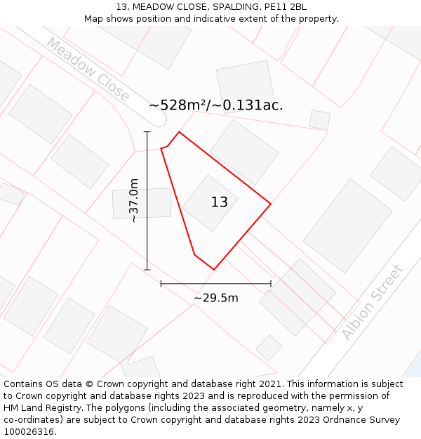 13, MEADOW CLOSE, SPALDING, PE11 2BL: Plot and title map