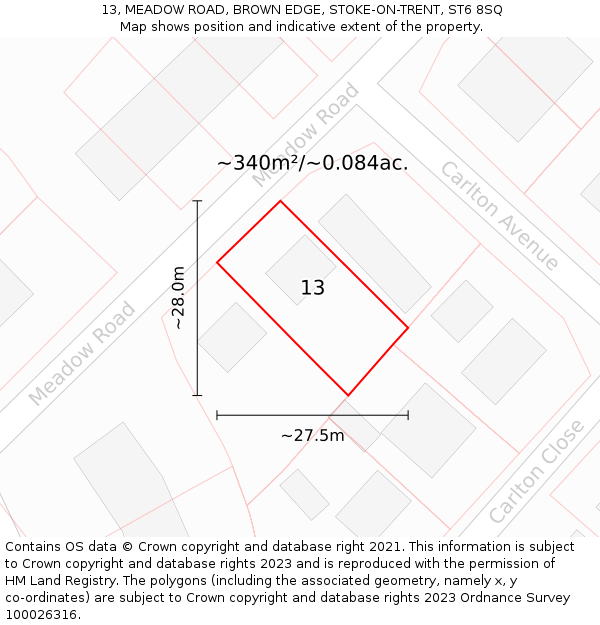 13, MEADOW ROAD, BROWN EDGE, STOKE-ON-TRENT, ST6 8SQ: Plot and title map