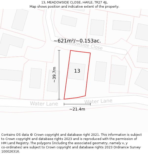 13, MEADOWSIDE CLOSE, HAYLE, TR27 4JL: Plot and title map