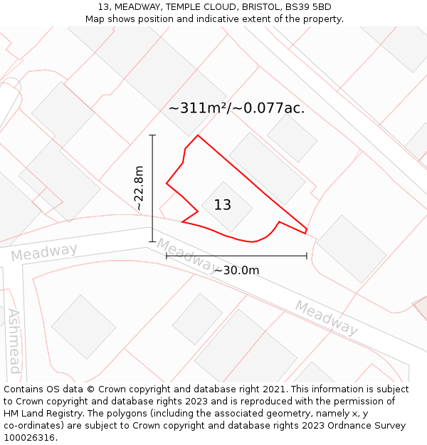 13, MEADWAY, TEMPLE CLOUD, BRISTOL, BS39 5BD: Plot and title map