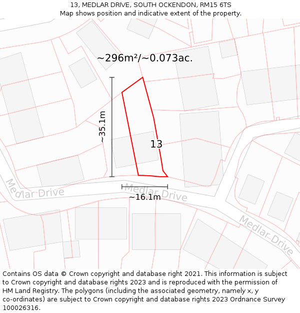 13, MEDLAR DRIVE, SOUTH OCKENDON, RM15 6TS: Plot and title map