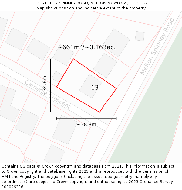 13, MELTON SPINNEY ROAD, MELTON MOWBRAY, LE13 1UZ: Plot and title map