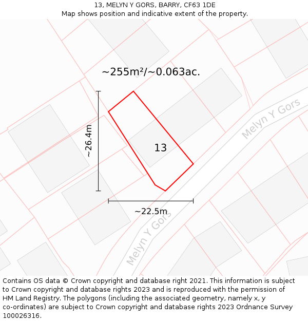 13, MELYN Y GORS, BARRY, CF63 1DE: Plot and title map