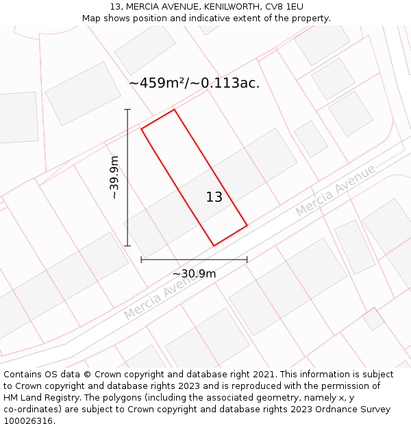 13, MERCIA AVENUE, KENILWORTH, CV8 1EU: Plot and title map