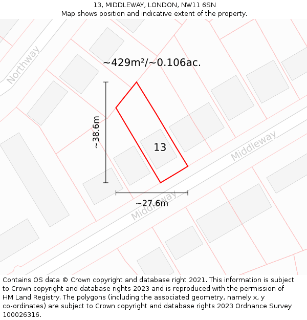 13, MIDDLEWAY, LONDON, NW11 6SN: Plot and title map