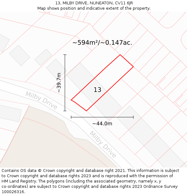 13, MILBY DRIVE, NUNEATON, CV11 6JR: Plot and title map