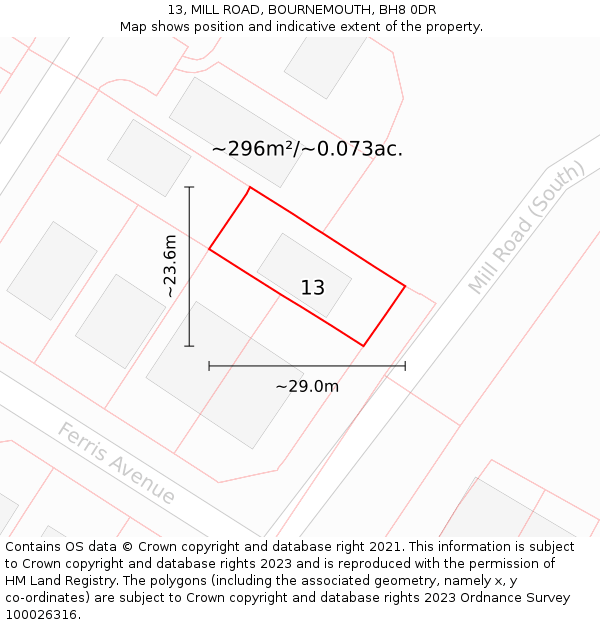 13, MILL ROAD, BOURNEMOUTH, BH8 0DR: Plot and title map