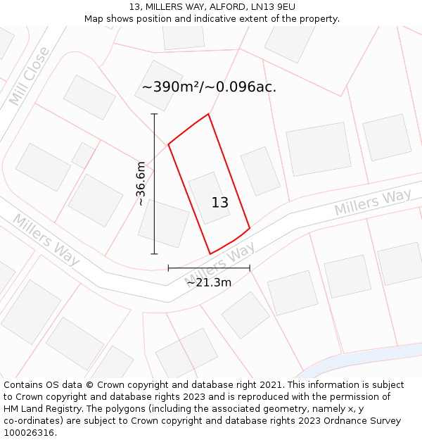 13, MILLERS WAY, ALFORD, LN13 9EU: Plot and title map