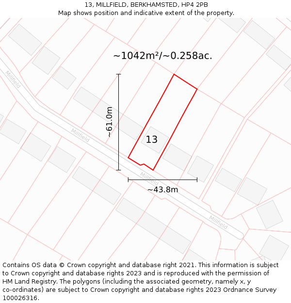 13, MILLFIELD, BERKHAMSTED, HP4 2PB: Plot and title map