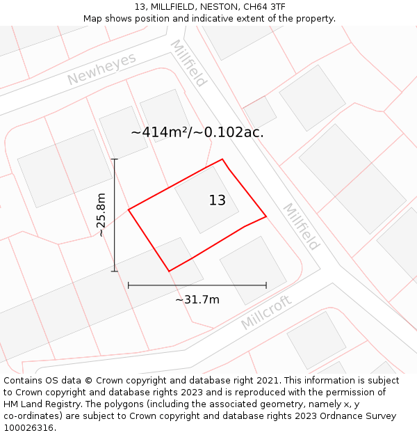 13, MILLFIELD, NESTON, CH64 3TF: Plot and title map