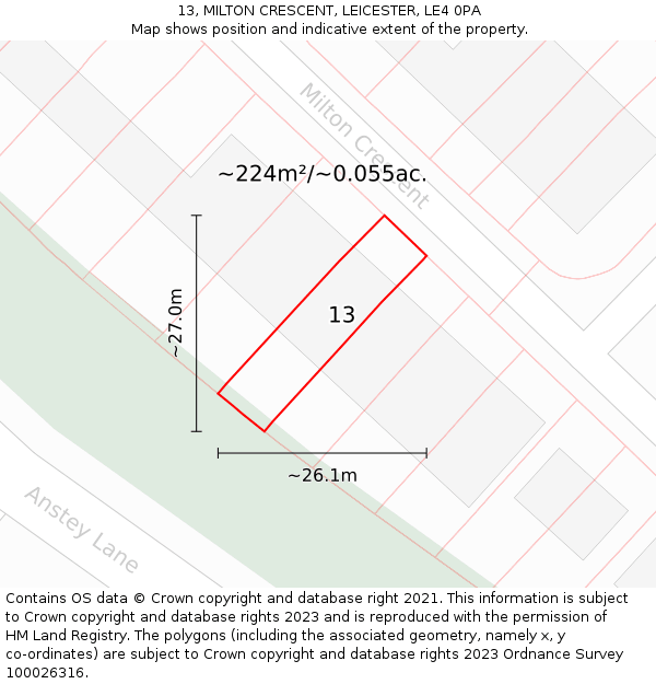 13, MILTON CRESCENT, LEICESTER, LE4 0PA: Plot and title map
