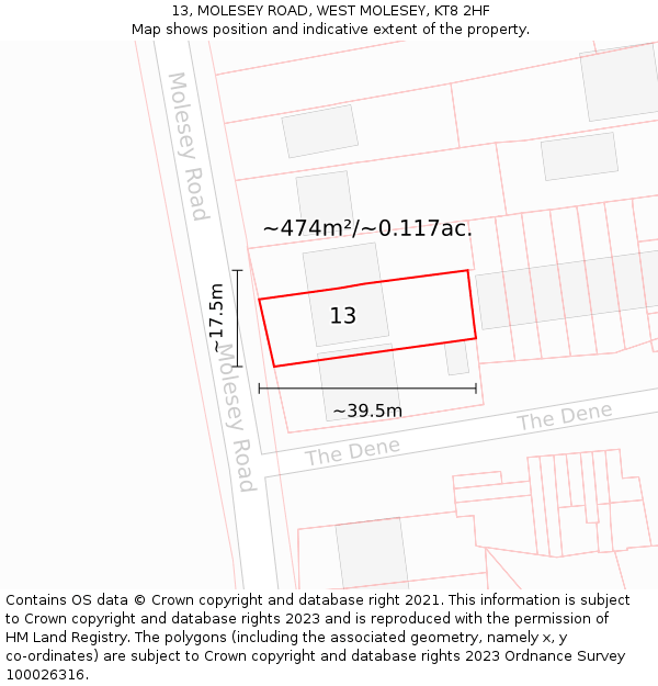 13, MOLESEY ROAD, WEST MOLESEY, KT8 2HF: Plot and title map