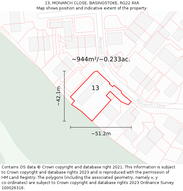 13, MONARCH CLOSE, BASINGSTOKE, RG22 4XA: Plot and title map