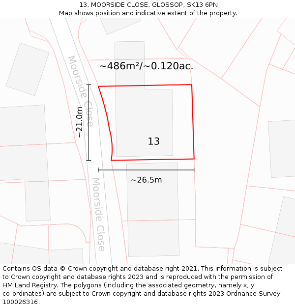 13, MOORSIDE CLOSE, GLOSSOP, SK13 6PN: Plot and title map