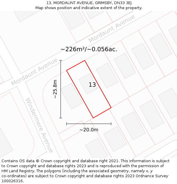 13, MORDAUNT AVENUE, GRIMSBY, DN33 3EJ: Plot and title map