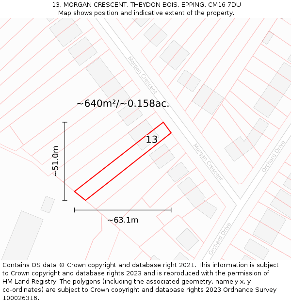 13, MORGAN CRESCENT, THEYDON BOIS, EPPING, CM16 7DU: Plot and title map