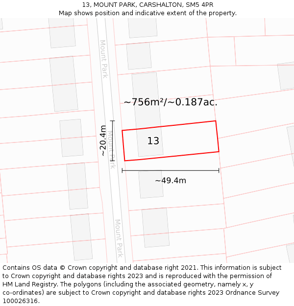 13, MOUNT PARK, CARSHALTON, SM5 4PR: Plot and title map